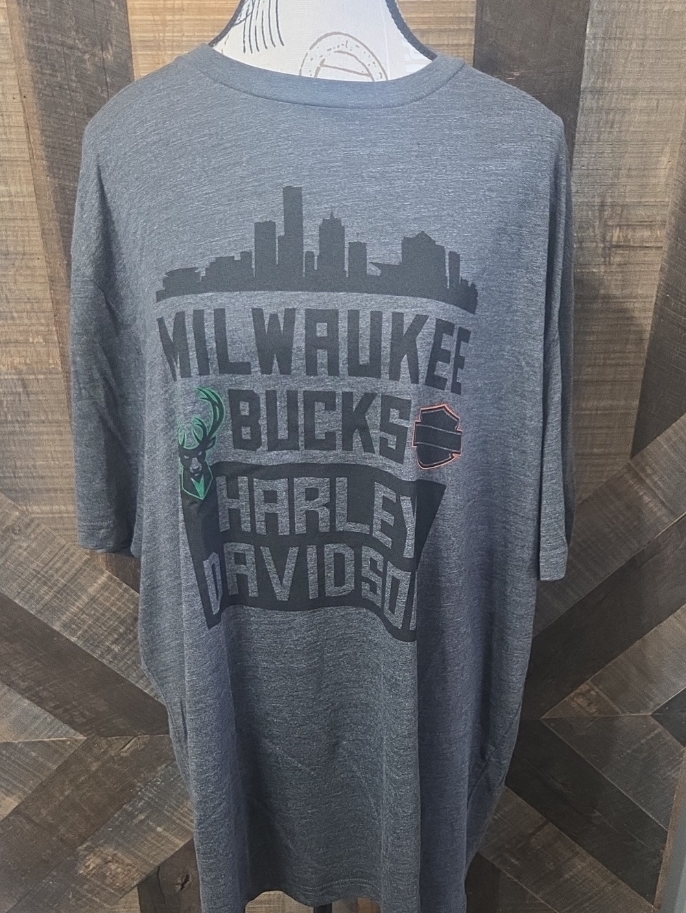 Harley-Davidson Gray Milwaukee Bucks Graphic Tee with Green Accent